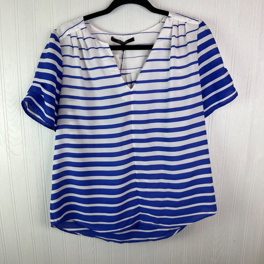 19 Cooper‎ Cathleen Striped tulip sleeve Blouse Blue and white Size large NWT